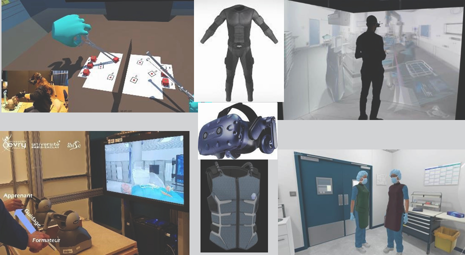 Figure 1 : Exemples des simulations et technologies présentes sur la plateforme EVR@ (CAVE, casques, systèmes de eye tracking, gants de données, bras à retour d’efforts, écrans tactiles, vestes haptiques…)