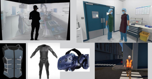 Examples of simulations and technologies (CAVE, HMDs, data gloves, haptic suits ...) used in our EVR@ platform