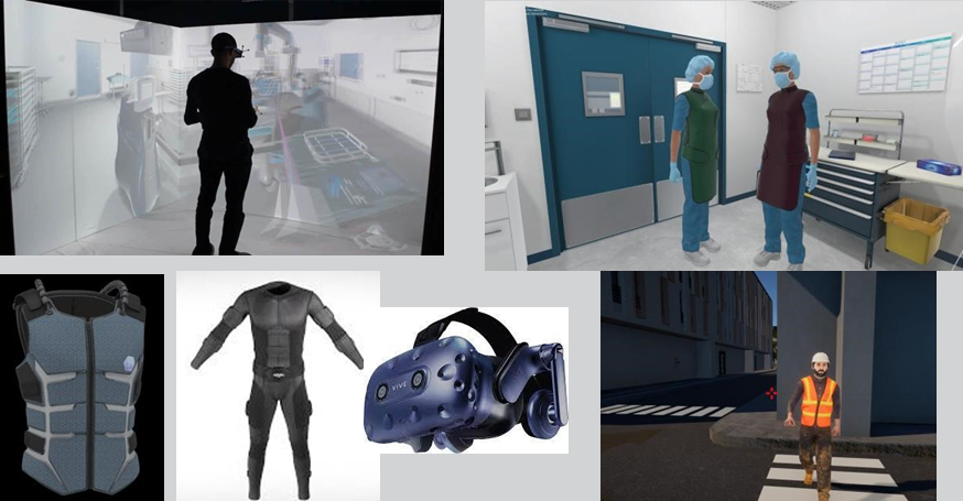 Examples of simulations and technologies (CAVE, HMDs, data gloves, haptic suits ...) used in our EVR@ platform