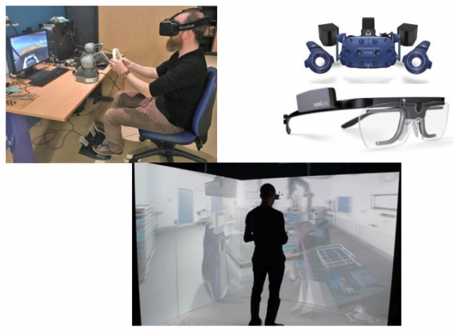Examples of simulations and technologies (CAVE, HMDs, haptic devices, Eye tracking systems ...) used in our research platforms