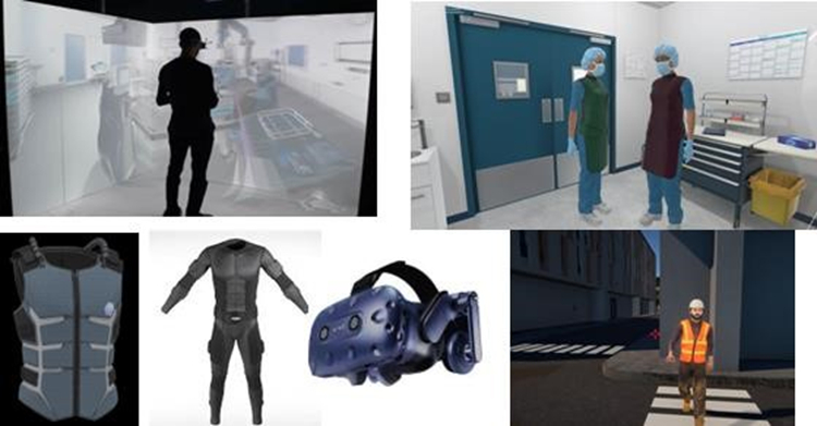 Figure 1: Exemples des simulations et technologies présentes sur la plateforme EVR@ (CAVE, casques, gants de données vestes haptiques…)