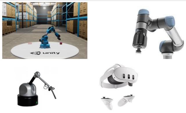 Figure 1 : Exemples des simulations et technologies présentes sur la plateforme EVR@ (Robot collaboratif UR3e, casques de réalité virtuelle, bras haptique Haption, environnements virtuels sur Unity 3D,…)