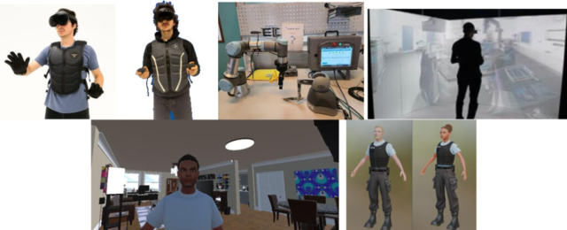 Figure 1: Exemples des simulations et technologies présentes sur la plateforme EVR@ (CAVE, casques, gants et vestes haptiques, bras robotiques…) / Examples of simulations and technologies (CAVE, HMDs, haptic suits and gloves, robotic arms ...) used in our EVR@ platform