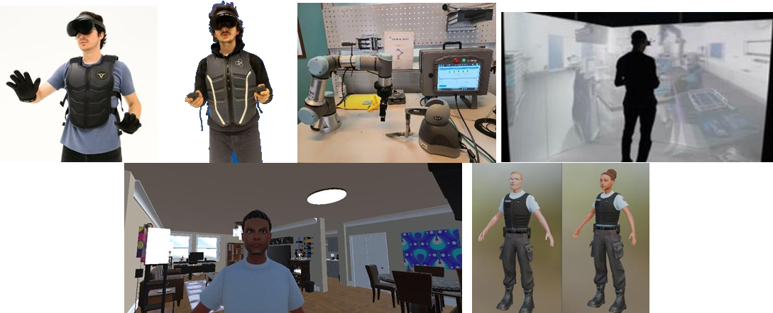 Figure 1: Exemples des simulations et technologies présentes sur la plateforme EVR@ (CAVE, casques, gants et vestes haptiques, bras robotiques…) / Examples of simulations and technologies (CAVE, HMDs, haptic suits and gloves, robotic arms ...) used in our EVR@ platform