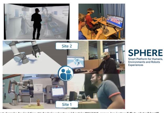 Figure 1 : Exemples des simulations et technologies présentes au laboratoire IBISC (CAVE, casques, bras à retour d’efforts, robot collaboratif)