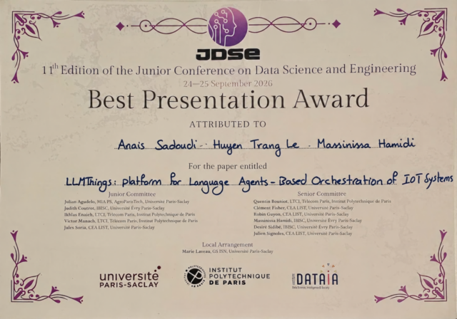 Best Presentation Award, Anais Sadoudi, Huyen Trang Ke, Massinissa Hamidi - JDSE 2026 Best Presentation Award, Anais Sadoudi, Huyen Trang Ke, Massinissa Hamidi - JDSE 2026